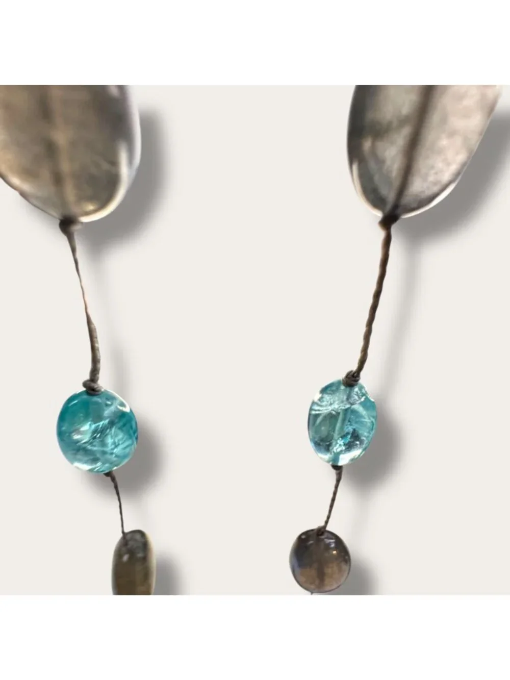 Handcrafted Sea Glass Bead Necklace Hand Knotted Aqua & Smoky Bead 36 inch EVC